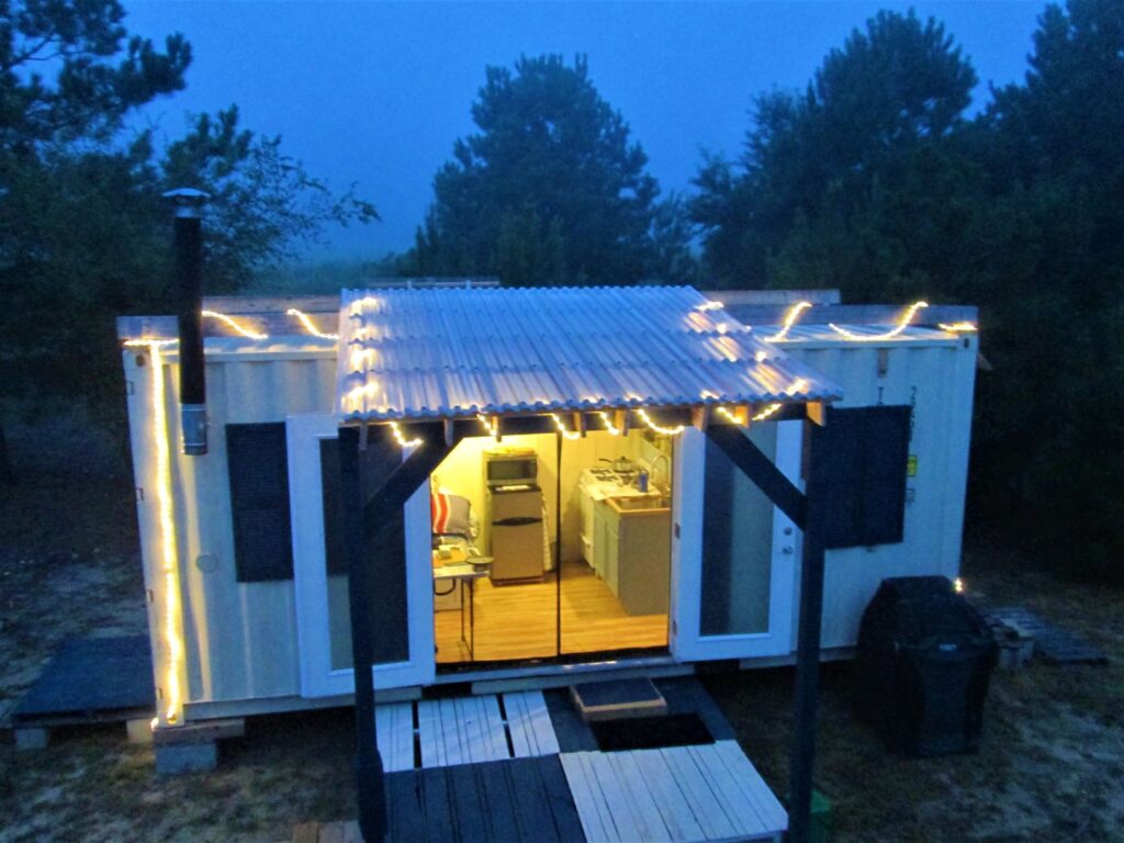 Tiny House Container Cabin with the French Door open