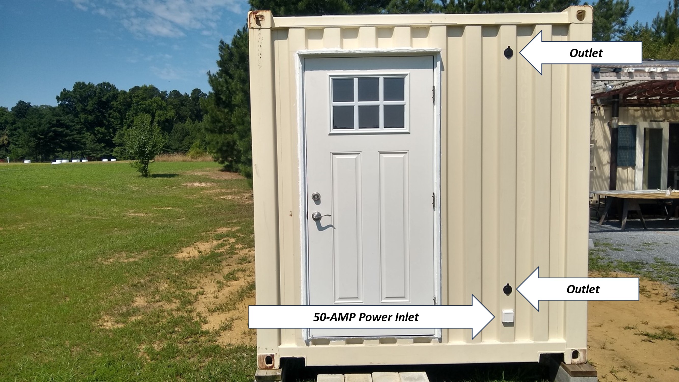 Tiny House Container back door with power inlet and outlets